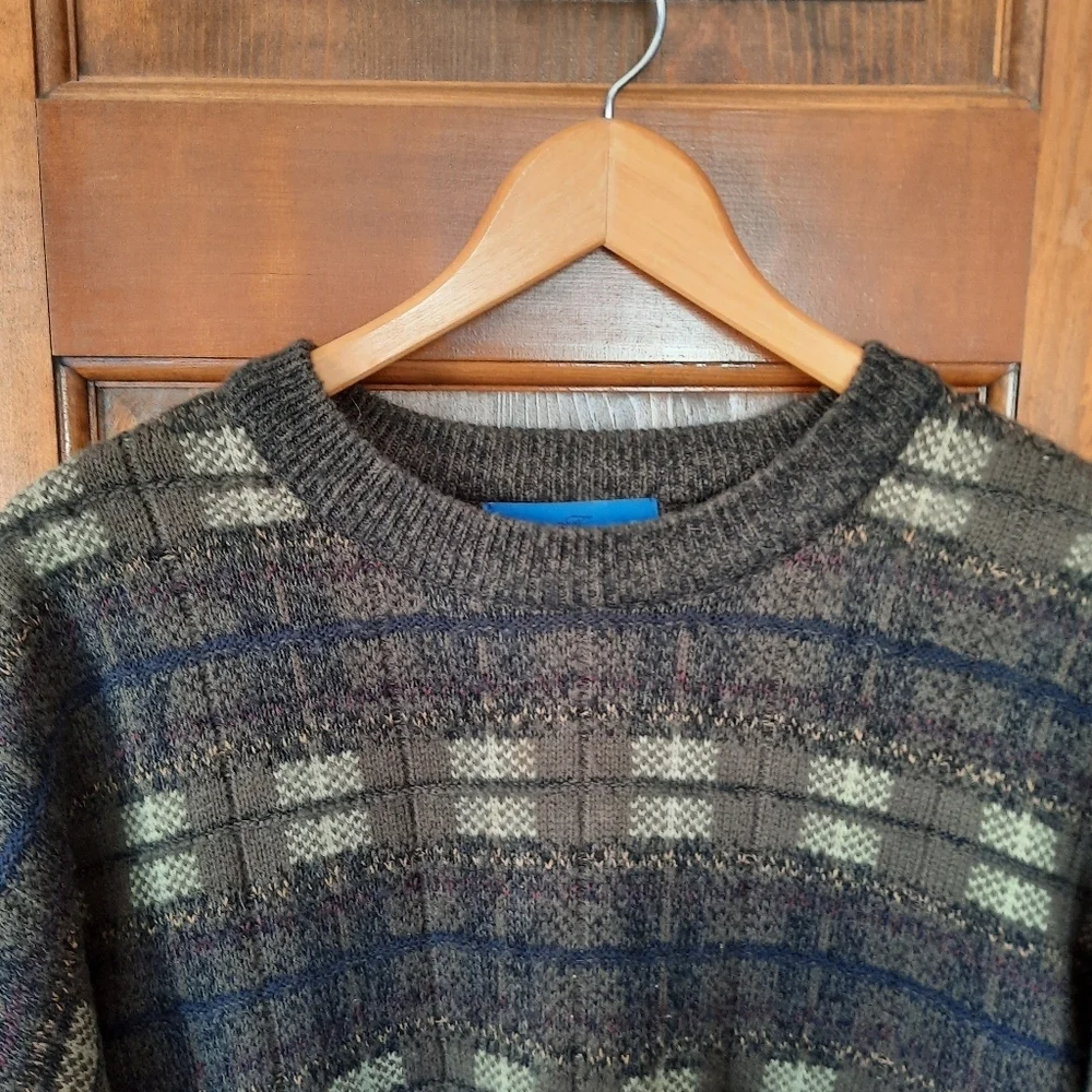 Vintage Towncraft Brown Blue Plaid Cosby Grandpa Style Knit Sweater Size XXL